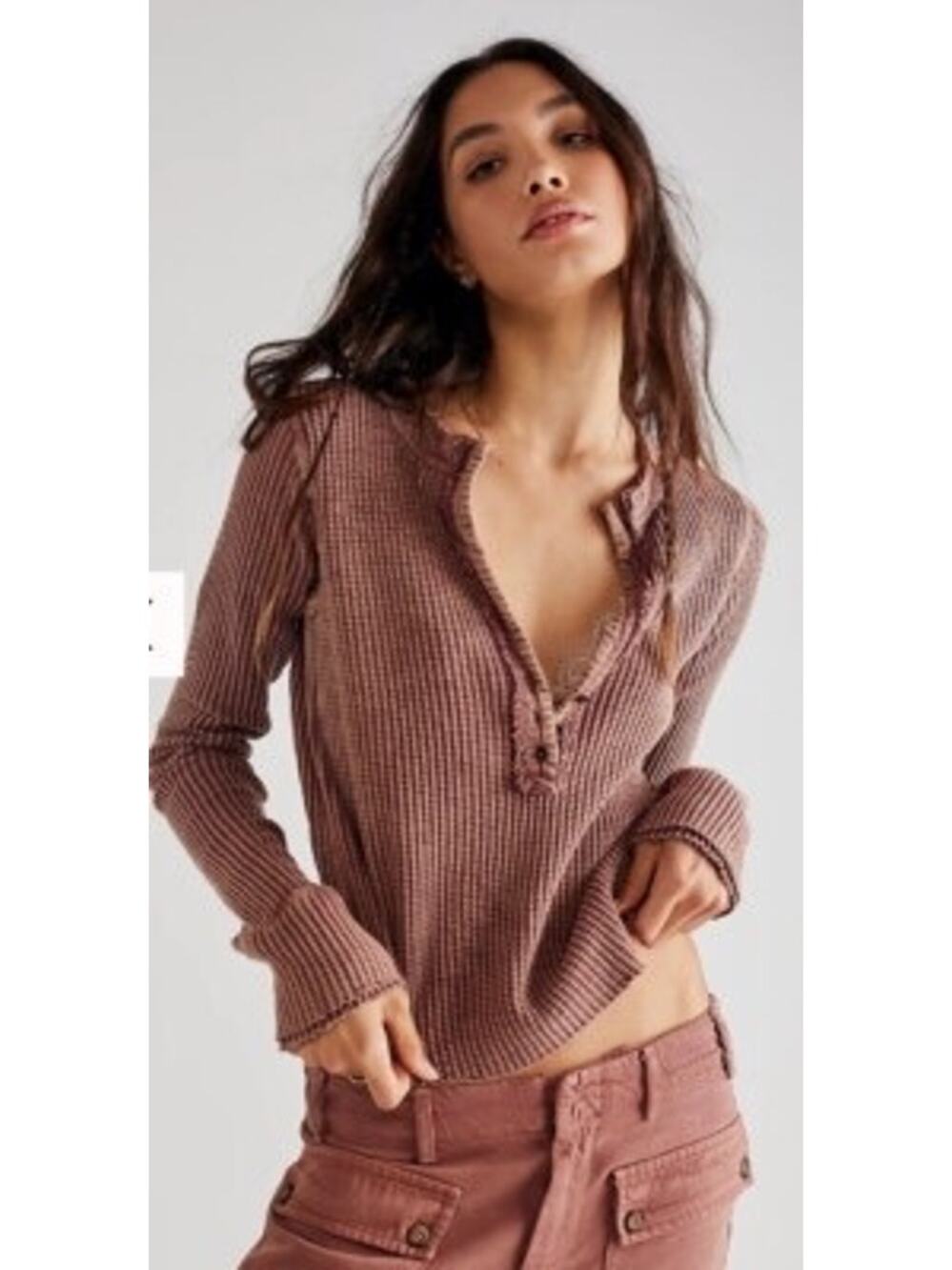 Free People One Colt Thermal Waffle Henley Top Red Brown Wash Boho Grunge Fairy